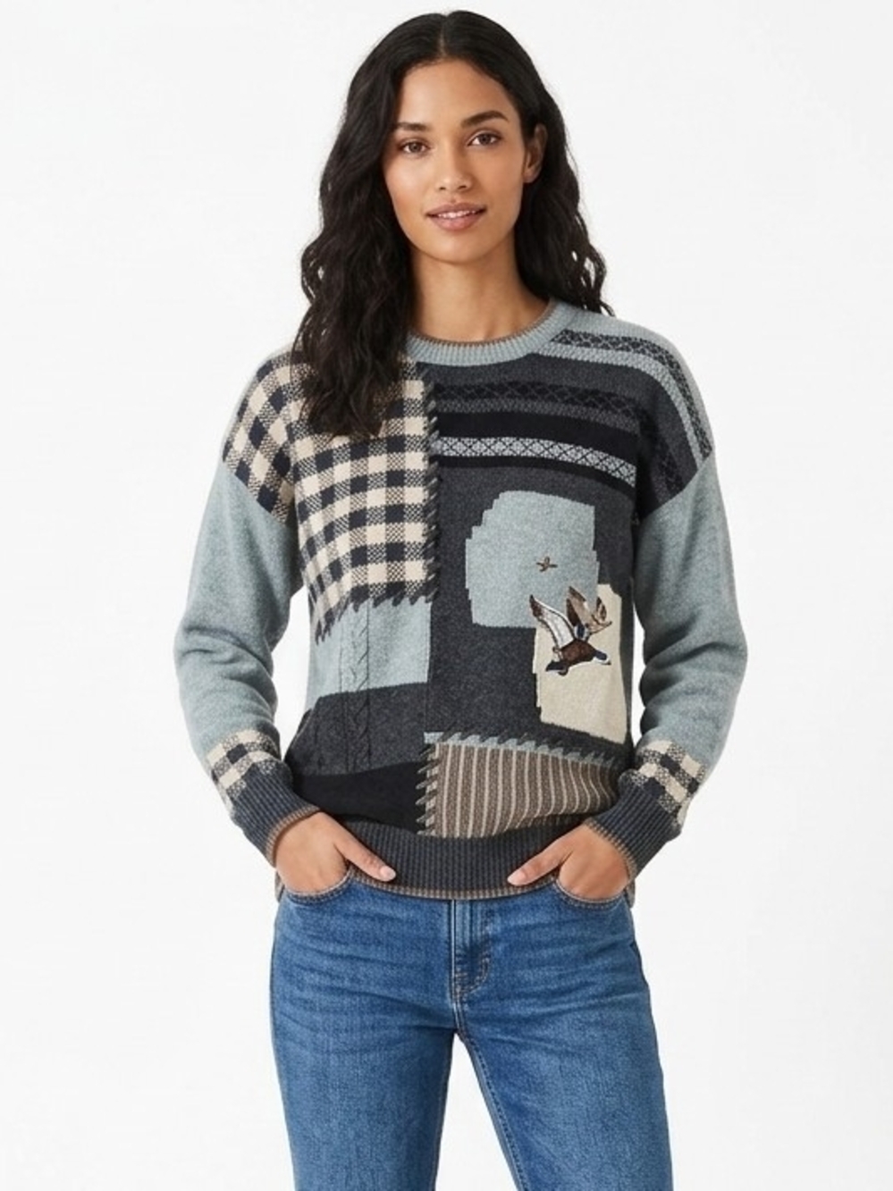 Vintage Plaid Embroidered Flying Geese Patchwork Crewneck Sweater in Slate Blue